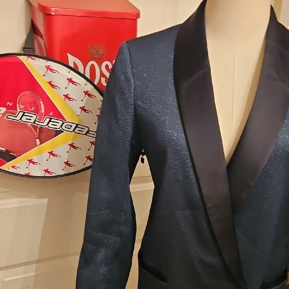 H&M Women's Dark Blue Sparkle Blazer with Black Satin Lapel - Picture 4 of 10